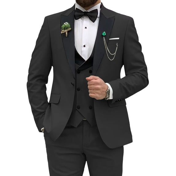 Men's 3 Piece Black Suit Slim Fit One Button Prom Suits Set Blazer Vest Trousers XL
