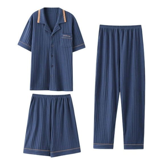 Men’s 3-Piece Cotton Pajama Set – Short Sleeve Shirt, Shorts & Long Pants (Plus-Size Comfortable Sleepwear with Pockets)