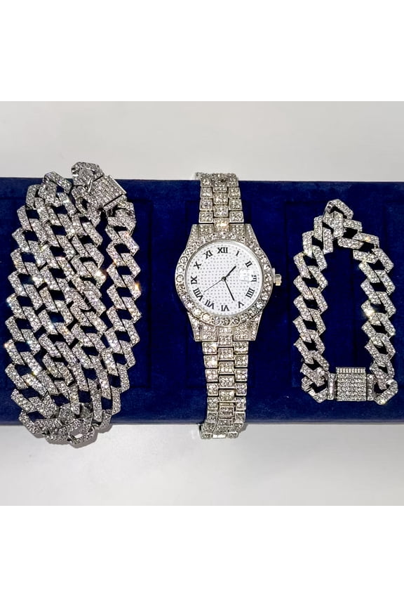 Men's 3-Piece Iced-Out Jewelry Set Diamond Watch, Cuban Chain & Bracelet, Hip-Hop Bling Accessories