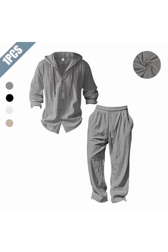 Men's 3-Piece Linen Outfit, Casual Hooded Button-Up Shirt and Drawstring Pants Set