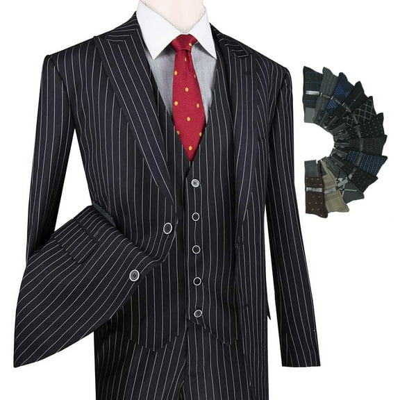 Men's 3-Piece Men's Gangster Stripes Single Breasted Suit w/1 Pair of Socks - Black 44L