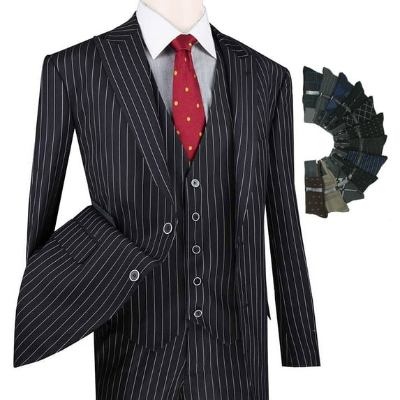 Men's 3-Piece Men's Gangster Stripes Single Breasted Suit w/1 Pair of Socks - Black 54R