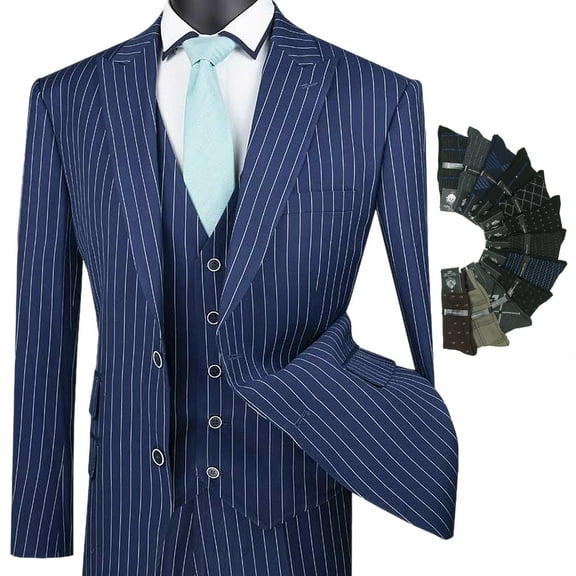 Men's 3-Piece Men's Gangster Stripes Single Breasted Suit w/1 Pair of Socks - Blue 42R