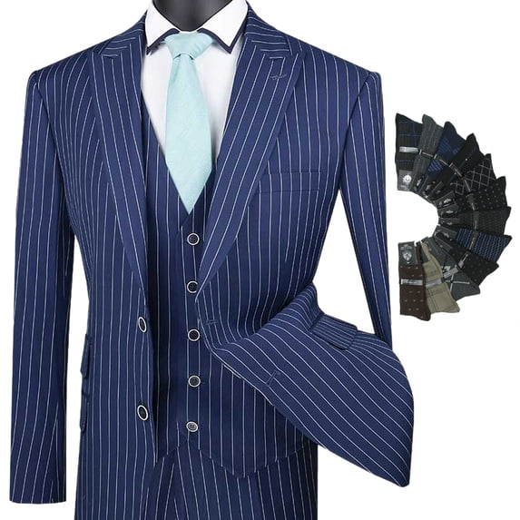 Men's 3-Piece Men's Gangster Stripes Single Breasted Suit w/1 Pair of Socks - Blue 56L