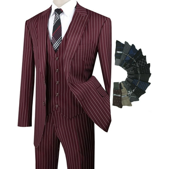 Men's 3-Piece Men's Gangster Stripes Single Breasted Suit w/1 Pair of Socks - Burgundy 46R