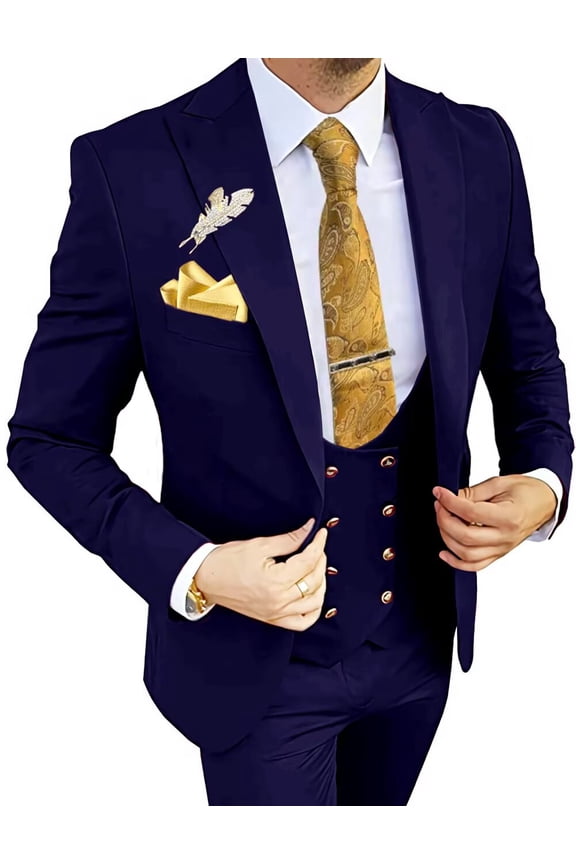 Men's 3 Piece Navy Slim Fit Wedding Suit Formal Blazer Vest and Trousers Outfit for Prom Business Party L