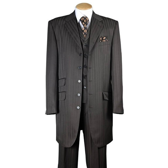 Men's 3 Piece Poly Striped Suit 5 Button 37" Length Jacket w/ Vest