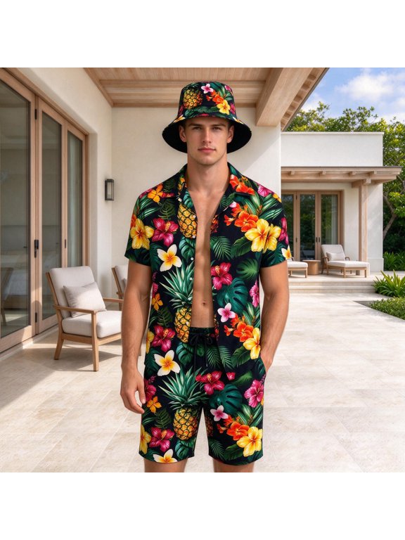 Men's 3-Piece Retro Tropical Beach Set Palm Leaf Pineapple and Blooming Flower Print Hawaiian Outfit Shirt, Shorts and Bucket Hat