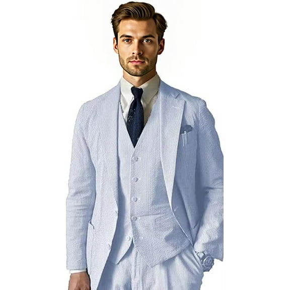 Men's 3-Piece Seersucker Suit Set | Slim Fit Summer Blazer, Vest & Pants | Beach Wedding Groomsmen Attire | Lightweight & Breathable