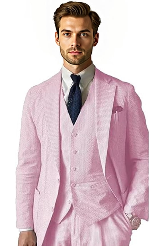 Men's 3-Piece Seersucker Suit Set | Slim Fit Summer Blazer, Vest & Pants | Beach Wedding Groomsmen Attire | Lightweight & Breathable