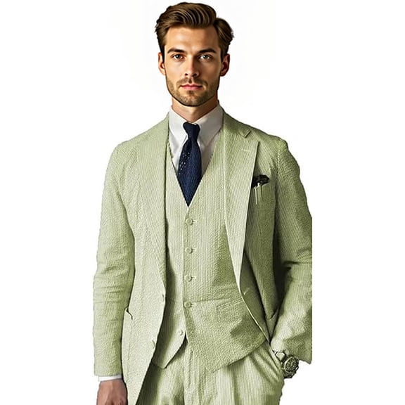 Men's 3-Piece Seersucker Suit Set | Slim Fit Summer Blazer, Vest & Pants | Beach Wedding Groomsmen Attire | Lightweight & Breathable