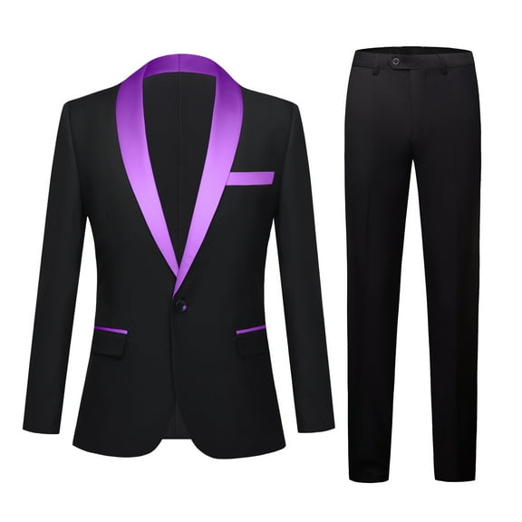 Men's 3-Piece Slim-Fit Solid-Colored Peaked Lapel Tuxedo Jacket Blazer for Party, Prom and Wedding-Purple