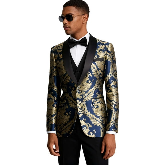 Men's 3 Piece Slim Fit Tuxedo - Shawl Lapel Printed Vest Pants Blazer for Prom Party Business Banquet