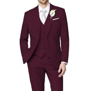 Mens 3 Piece Solid Burgundy Formal Suit, Slim Fit One Button Blazer Set for Wedding Business Party, XL