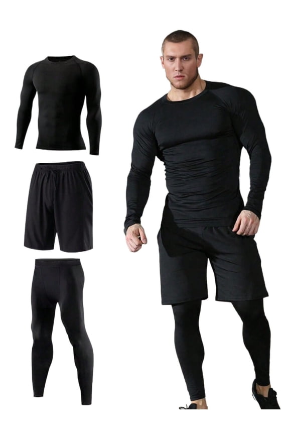 Men's 3-Piece Sports Fitness Set Quick-Dry Compression Long Sleeve Shirt, Pants & Shorts, Black