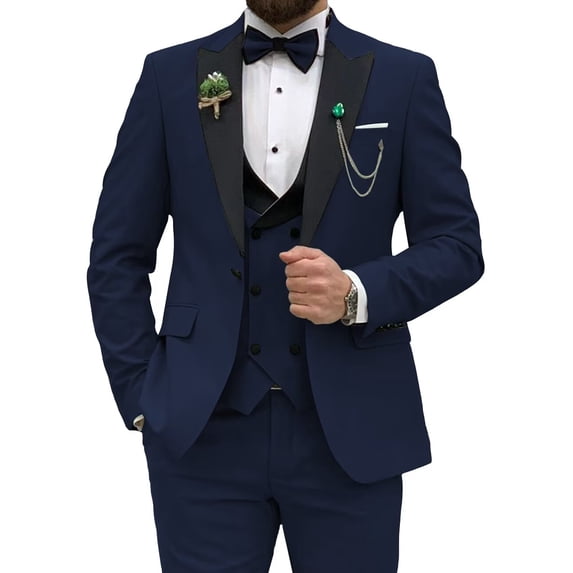 Men's 3 Piece Suit One Button Slim Fit Formal Wedding Prom Navy Blue Tuxedo Suits Blazer Pants XS