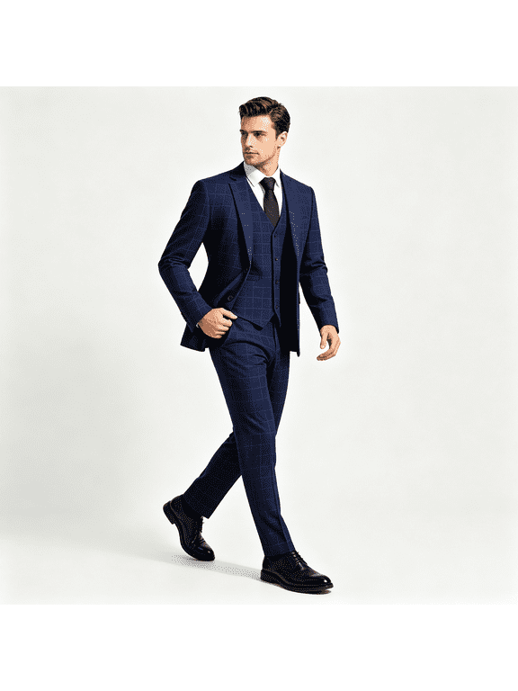 Men's 3-Piece Suit Set Navy Windowpane Check – Slim Fit Blazer, Vest & Dress Pants, Wedding Groom Prom Business Formal Outfit