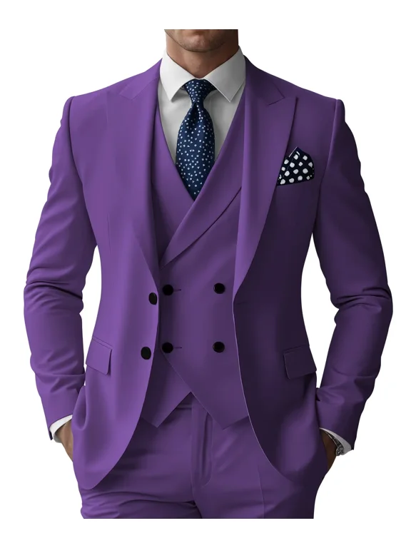 Men's 3 Piece Suits Slim Fit Purple Tuxedo Set Double Breasted Blazer Jacket Vest Pants Set for Prom Business,XS