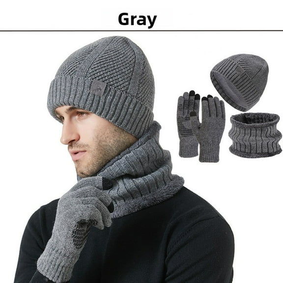 Men's 3-Piece Winter Set - Thickened Hat, Scarf, and Gloves with Ear Protection, Fashionable Gray and Black, Polyester, Perfect for Cold Weather, Winter Accessories| Fashion Winter Outfit|