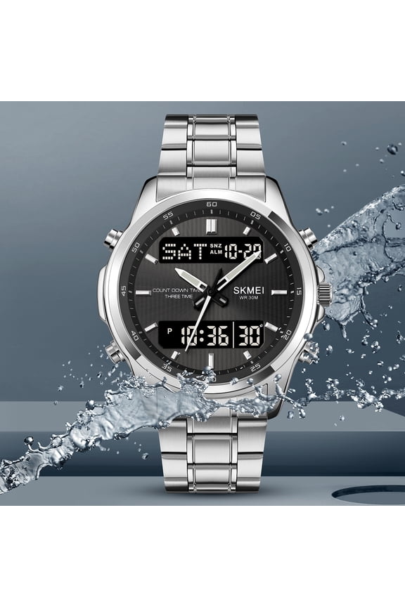 Men's 3 Time Zone Watch with Analog Digital Display - Stainless Steel Band, Multifunction Dress Sports Watch for Business and Casual