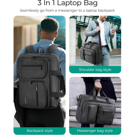 Men's 3-in-1 Laptop Bag 17.3 Inch Water-Resistant Shoulder Bag for Work Travel Business Office - Black