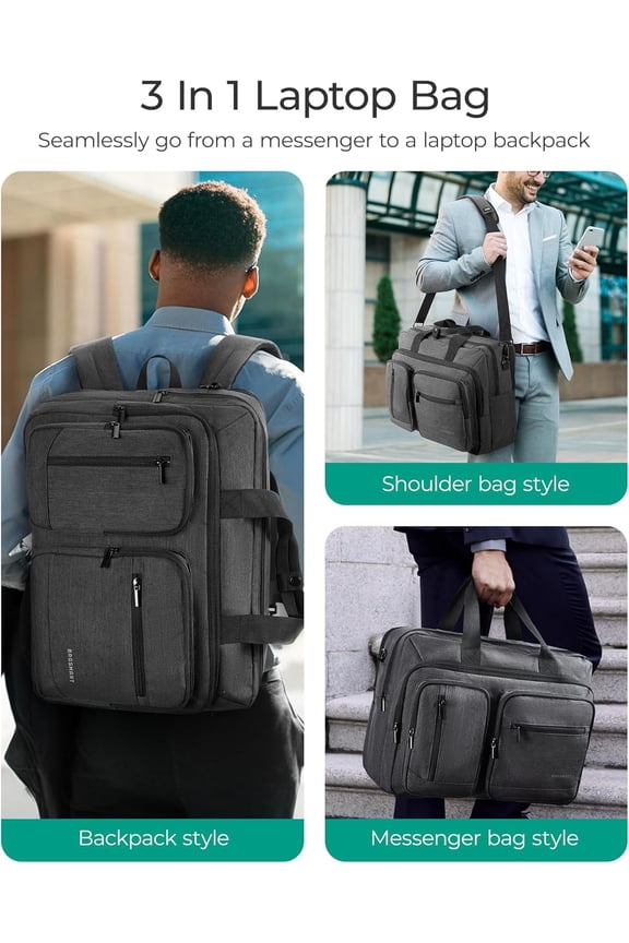 Men's 3-in-1 Laptop Bag 17.3 Inch Water-Resistant Shoulder Bag for Work Travel Business Office - Black