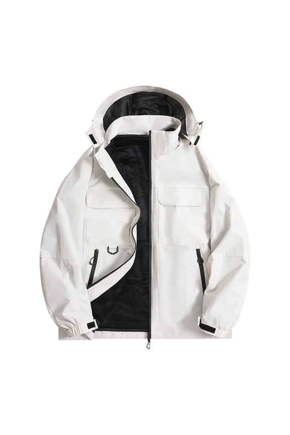 Men's 3-in-1 Waterproof Windproof Hooded Jacket, Detachable Hood Outdoor Rain Shell Coat, Casual Durable Warm Work Ski Snow Jacket for Fall Winter Hiking Climbing Commuting White
