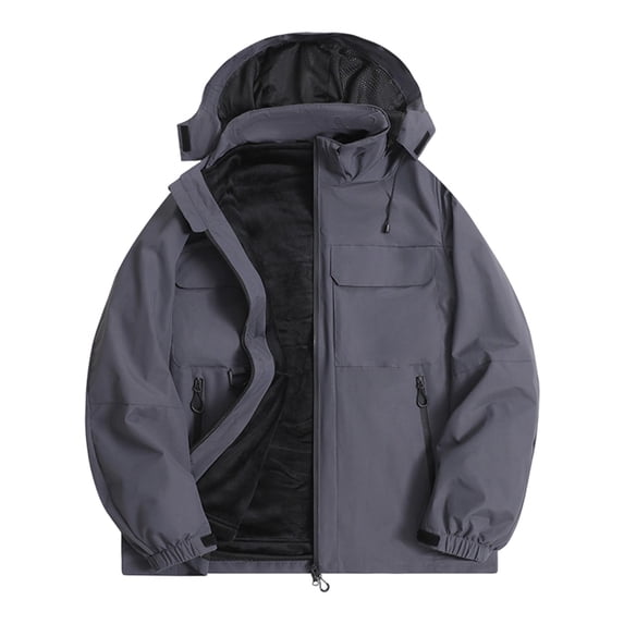 Men's 3-in-1 Waterproof Windproof Hooded Jacket, Detachable Hood Outdoor Rain Shell Coat, Casual Durable Warm Work Ski Snow Jacket for Fall Winter Hiking Climbing Commuting Dark Gray