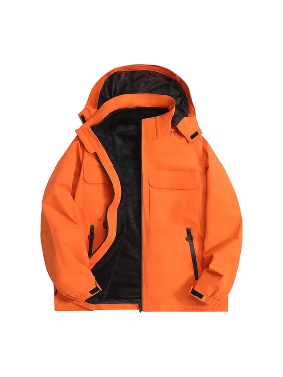Men's 3-in-1 Waterproof Windproof Hooded Jacket, Detachable Hood Outdoor Rain Shell Coat, Casual Durable Warm Work Ski Snow Jacket for Fall Winter Hiking Climbing Commuting Orange
