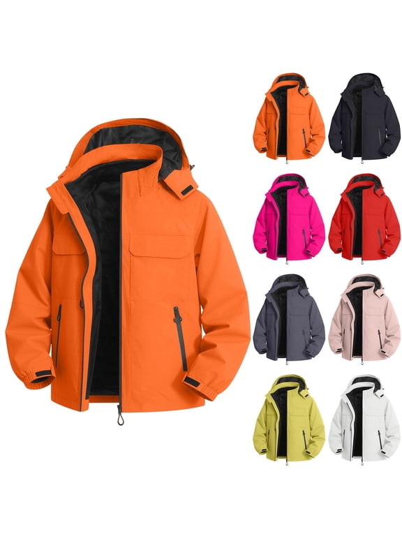 Men's 3-in-1 Waterproof Windproof Hooded Jacket, Detachable Hood Outdoor Rain Shell Coat, Casual Durable Warm Work Ski Snow Jacket for Fall Winter Hiking Climbing Commuting Orange