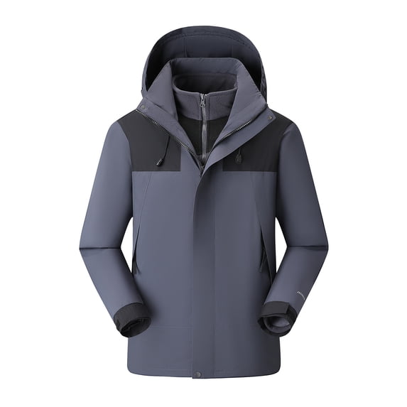 Men's 3-in-1 Windbreaker Jackets Detachable Fleece Lined Hooded Hard Shell Rain Jacket Waterproof Thermal Multi-Season Hiking Camping Coat Gray L