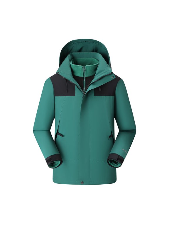 Men's 3-in-1 Windbreaker Jackets Detachable Fleece Lined Hooded Hard Shell Rain Jacket Waterproof Thermal Multi-Season Hiking Camping Coat Green S