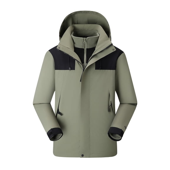 Men's 3-in-1 Windbreaker Jackets Detachable Fleece Lined Hooded Hard Shell Rain Jacket Waterproof Thermal Multi-Season Hiking Camping Coat Olive Green S
