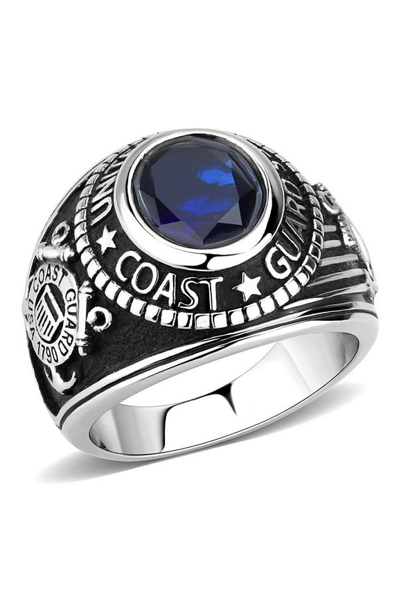 Men's 316 Stainless Steel Wide Band US Coast Guard Blue Sapphire CZ Ring - Size 10