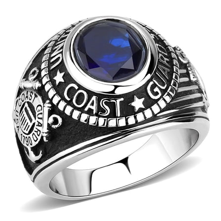 Men's 316 Stainless Steel Wide Band US Coast Guard Blue Sapphire CZ Ring - Size 12