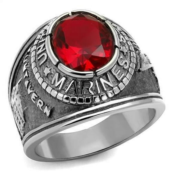 Men's 316 Stainless Steel Wide Band US Military MC Ruby CZ Ring - Size 9