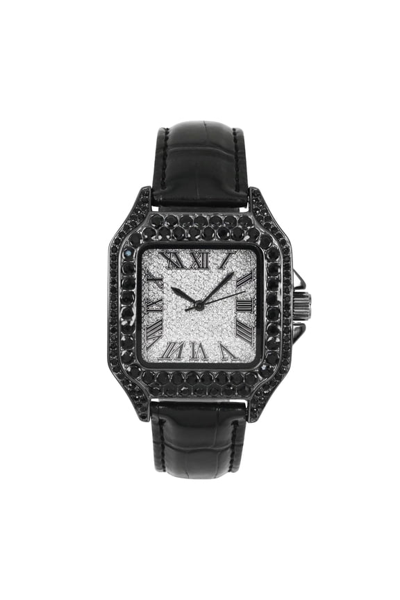 Men's 32mm Iced Out Leather Band Watch – Square Dial, Roman Numerals – Hip Hop Bling Style Timepiece for Streetwear & Fashion - Black Finish