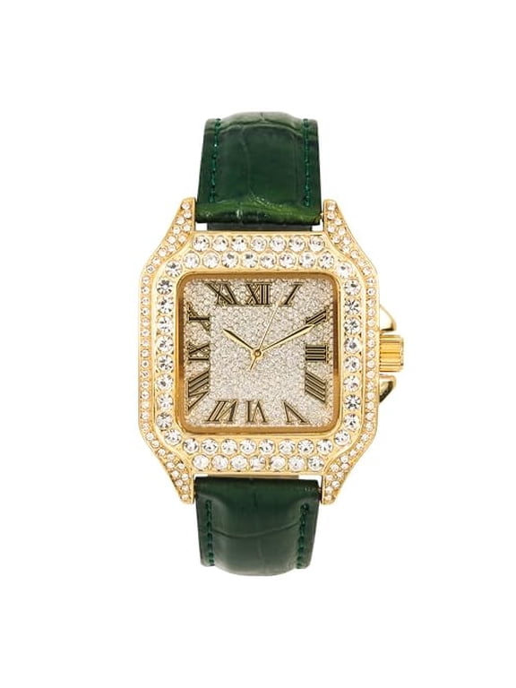 Men's 32mm Iced Out Leather Band Watch – Square Dial, Roman Numerals – Hip Hop Bling Style Timepiece for Streetwear & Fashion - Gold Green Finish