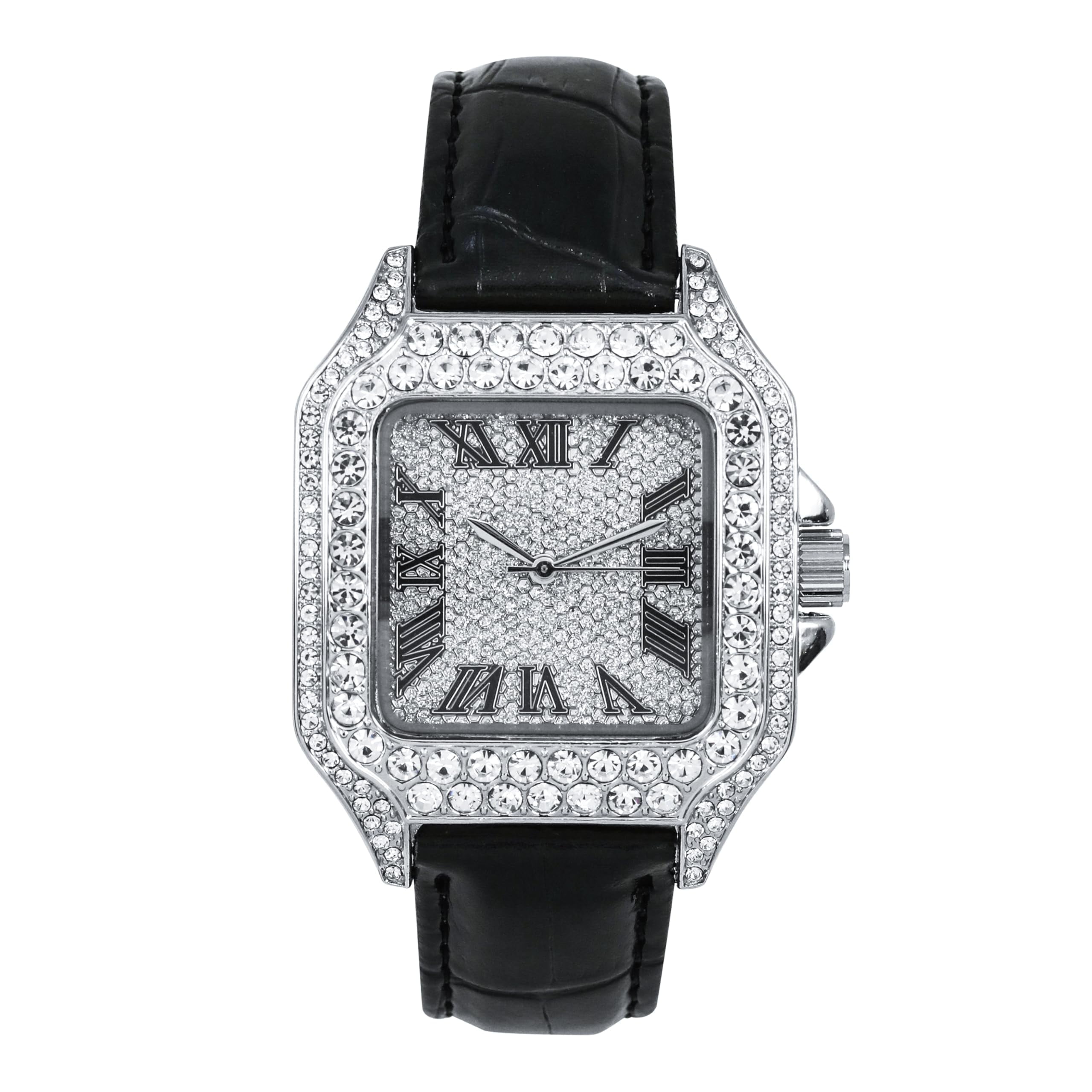 Men's 32mm Iced Out Leather Band Watch – Square Dial, Roman