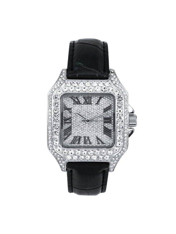 Men's 32mm Iced Out Leather Band Watch – Square Dial, Roman Numerals – Hip Hop Bling Style Timepiece for Streetwear & Fashion - Silver Black Finish