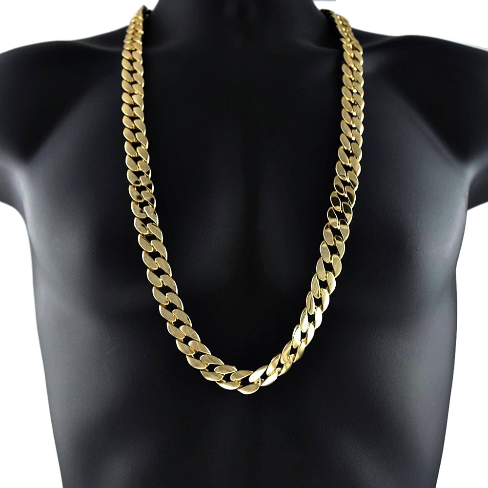 Men's 33" Inch Long Cuban Link Neck Chain Heavy Gold Finish 15 mm Wide Big Hip Hop Necklace