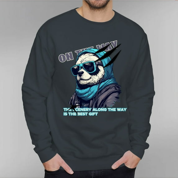 Men's 330g 100% Cotton Panda Pattern Dropped Shoulder Crew Neck Sweatshirt