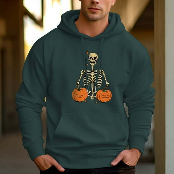 Men's 330g 100% Cotton Pattern Terry Dropped Shoulder Hoodie-Pumpkin Arm Skull