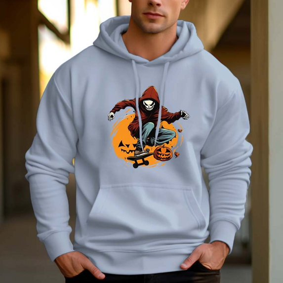 Men's 330g 100% Cotton Pattern Terry Dropped Shoulder Hoodie-Skateboard Skull Pattern
