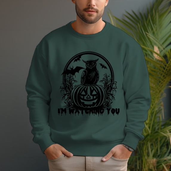 Men's 330g 100% Cotton Pumpkin Owl Pattern Dropped Shoulder Crew Neck Sweatshirt