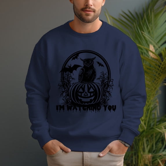 Men's 330g 100% Cotton Pumpkin Owl Pattern Dropped Shoulder Crew Neck Sweatshirt