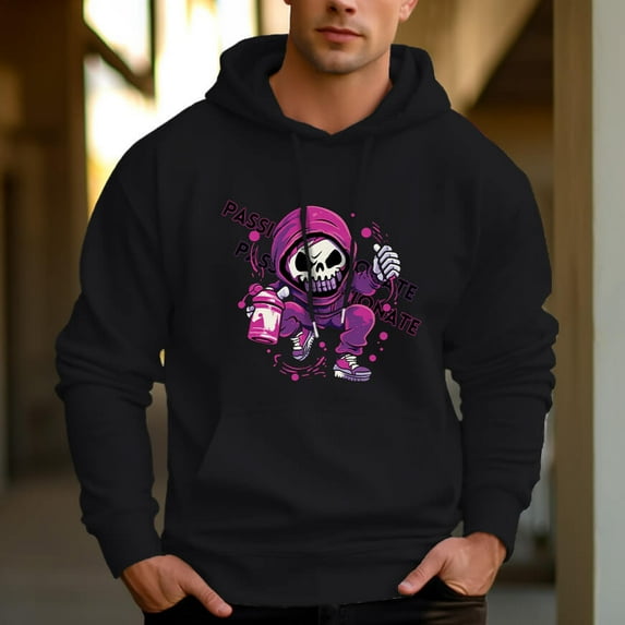 Men's 330g 100% Cotton Spray Skull Pattern Terry Dropped Shoulder Hoodie