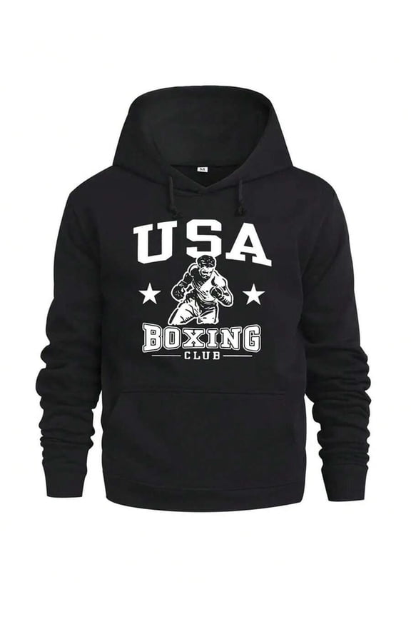 Men's 360g Heavyweight Hooded Sweatshirt - American Boxing Club Graphic Print, Loose Fit Casual Pullover With Pocket & Drawstring Hood, All-Season Machine Washable Polyester HoodieMen's Hoodies