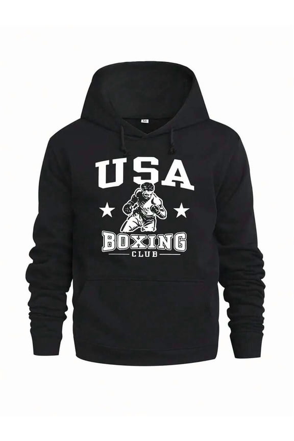 Men's 360g Heavyweight Hooded Sweatshirt - American Boxing Club Graphic Print, Loose Fit Casual Pullover With Pocket & Drawstring Hood, All-Season Machine Washable Polyester HoodieMen's Hoodies