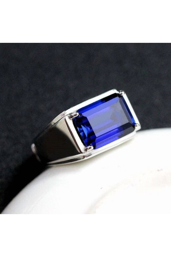 Men's 3Ct Emerald Cut Lab Created Blue Sapphire Solitaire Ring in 14k White Gold Plated